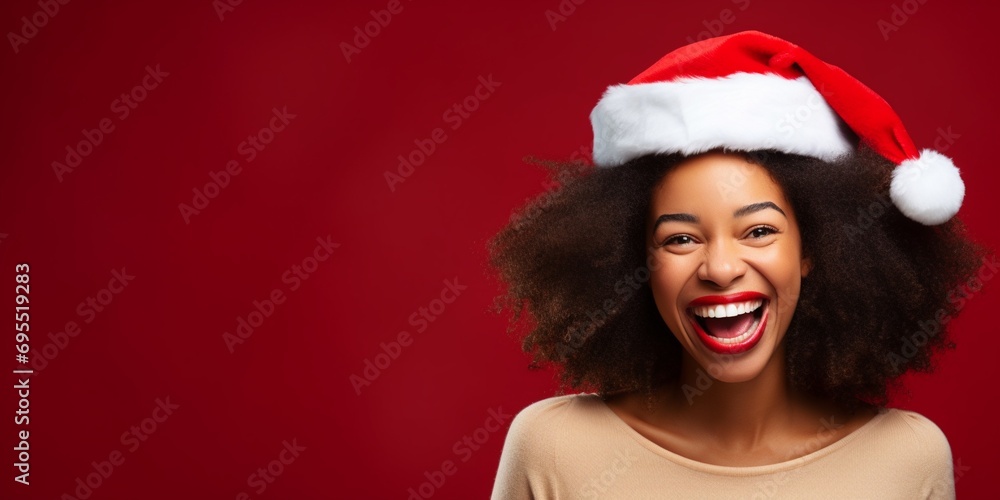 Beautiful african american female model wear santa hat isolated on gray background with copy space, happy holidays studio portrait. Beautiful african american female model wear santa hat isolated on gray background with copy space, happy holidays studio portrait.