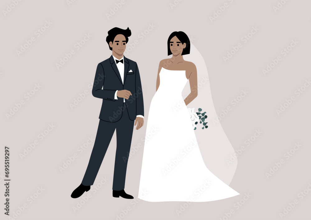An upper-class groom and bride stand together during their wedding ceremony, adorned in elegant and lavish attire An upper-class groom and bride stand together during their wedding ceremony, adorned in elegant and lavish attire