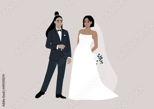 An upper-class same sex couple stand together during their wedding ceremony, adorned in elegant and lavish attire
