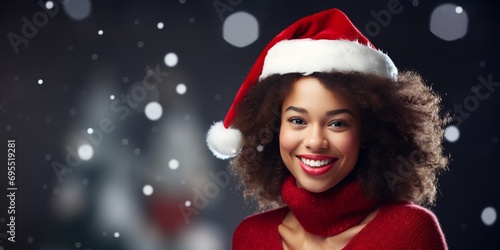 Beautiful african american female model wear santa hat isolated on gray background with copy space, happy holidays studio portrait.