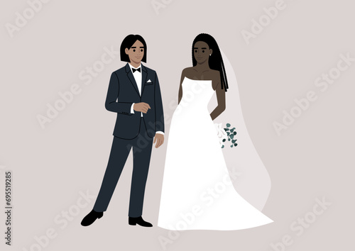 An upper-class same sex couple stand together during their wedding ceremony, adorned in elegant and lavish attire