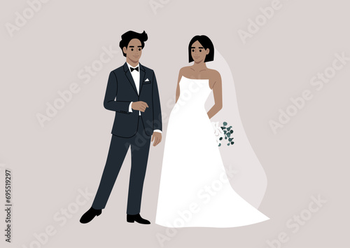An upper-class groom and bride stand together during their wedding ceremony, adorned in elegant and lavish attire
