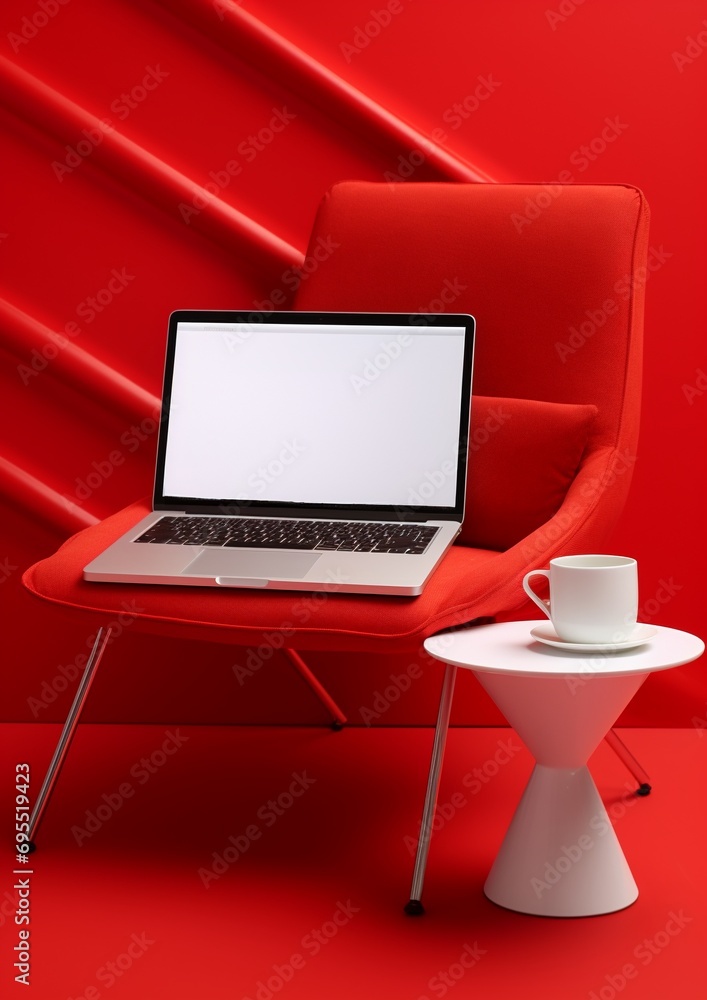 Mock up laptop screen over red background, laptop on red designer chair on red backgrounds Mock up laptop screen over red background, laptop on red designer chair on red backgrounds