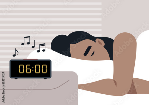 Calm peaceful morning scene, a character waking up to an alarm clock signal