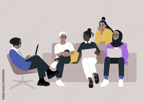 A diverse assembly of women gathered together on a sofa, engaging in animated discussions about a project they are collaboratively working on