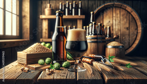 Photographie Artisanal beer, ideal as a product photo,  set in a wood-themed ambiance to appe