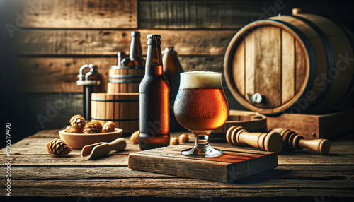 Foto Artisanal beer, ideal as a product photo,  set in a wood-themed ambiance to appe
