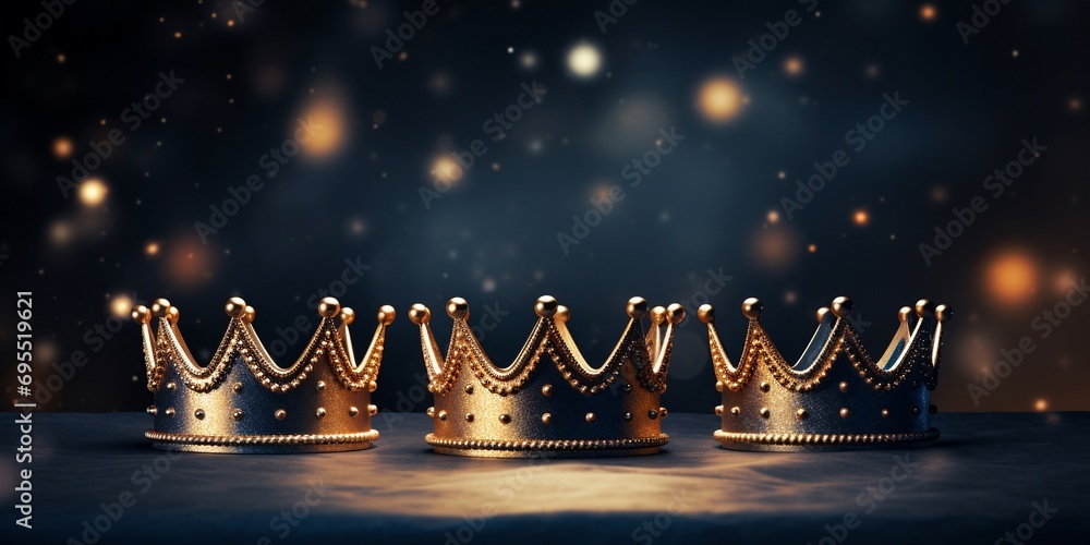 Epiphany Day or Dia de Reyes Magos concept. Three gold crowns on dark blue background with golden particles, with copy space. - obrazy, fototapety, plakaty 