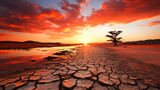 Photo desert with cracked ground at sunset ecological concept