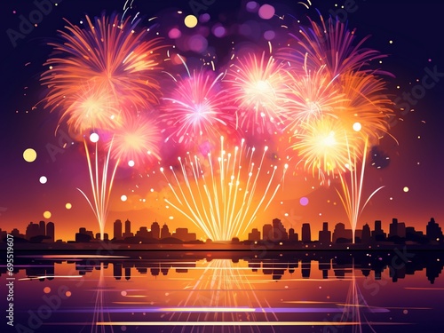 Fireworks over the cityscape with reflection on water,