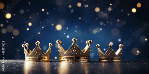 Epiphany Day or Dia de Reyes Magos concept. Three gold crowns on dark blue background with golden particles, with copy space. photo
