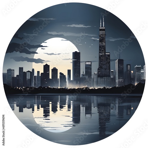 Illustration of a Chicago skyline at night with a reflection on the lake