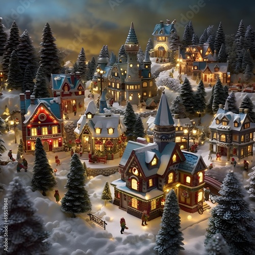 Winter scene with small houses and trees at night. 3D rendering