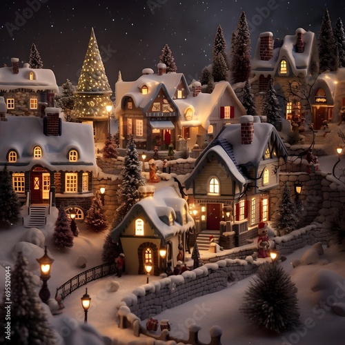 Christmas village in the snow, Christmas and New Year holidays background.