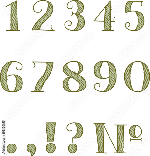 Numbers from 0 to 9 and signs. Stylized hand drawn numbers and signs with grunge effect. 