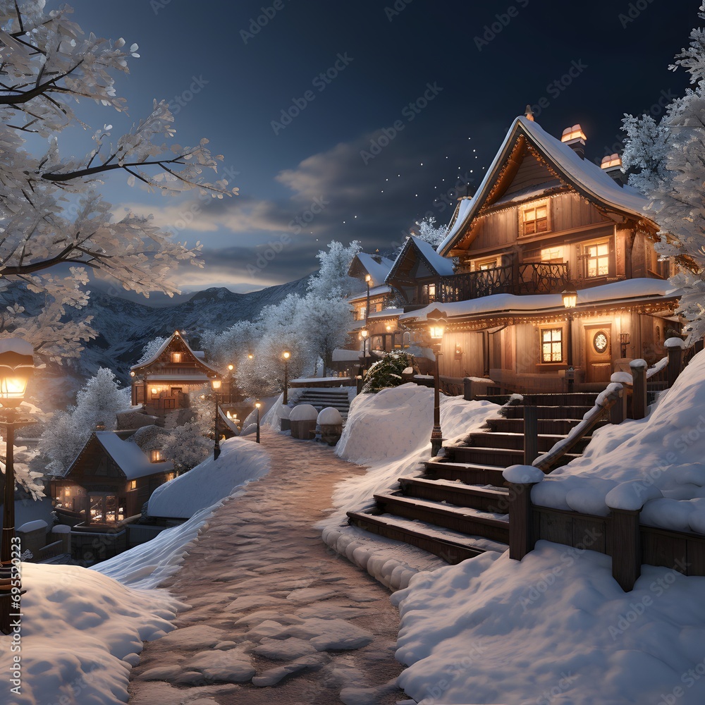Wooden cottage in the village at night. Christmas and New Year concept