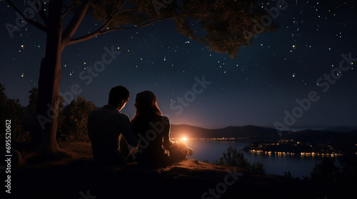 A couple enjoying a romantic 4th of July themed dinner under fireworks.