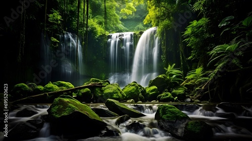 Panorama of beautiful waterfall in the green forest, long exposure.