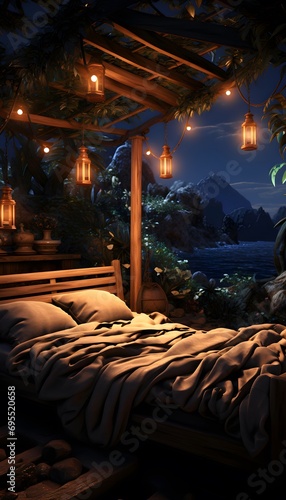3D rendering of a cozy bedroom with a view of the mountains