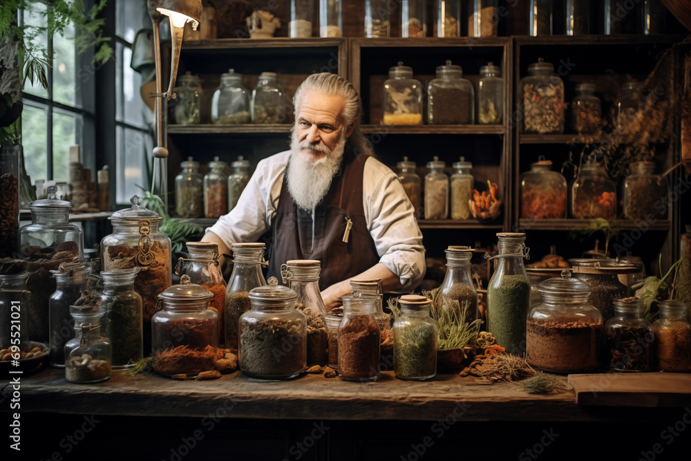 Herbalists with apothecary jars and mystical herbs, with room for herbal lore Herbalists with apothecary jars and mystical herbs, with room for herbal lore
