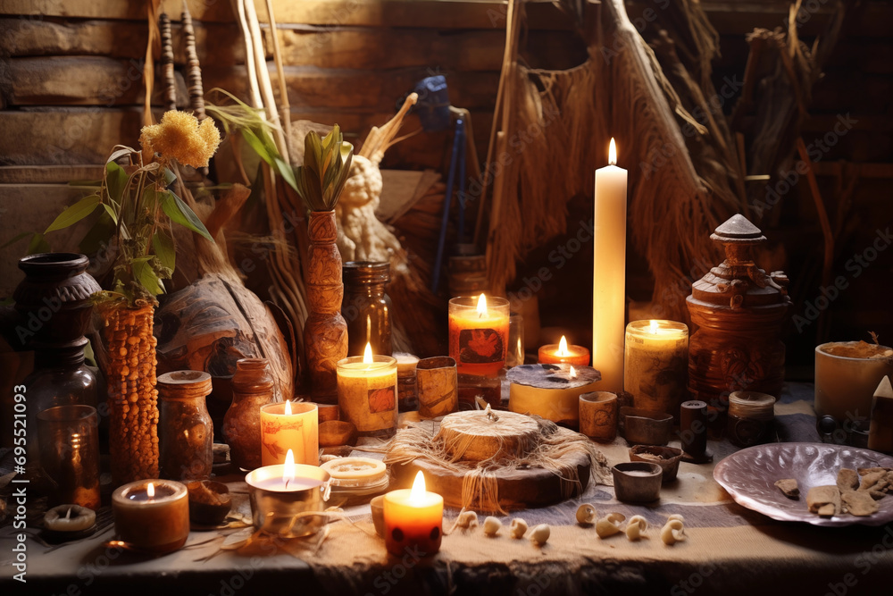 Sacred altars adorned with candles and artifacts, with room for spiritual practices