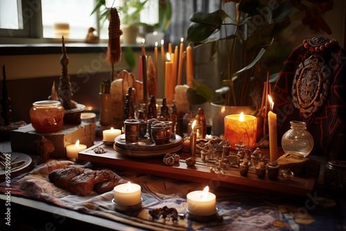 Sacred altars adorned with candles and artifacts  with room for spiritual practices