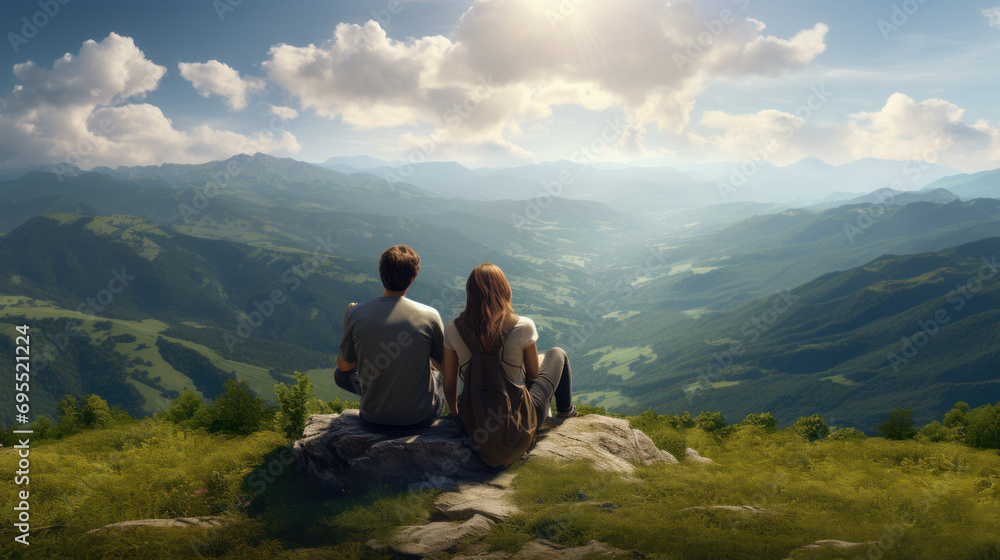Fototapeta premium A couple enjoying a scenic view from a mountain top.