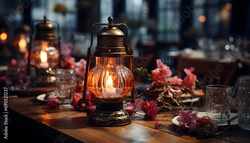 Romantic dinner in a restaurant with candles and flowers  panorama