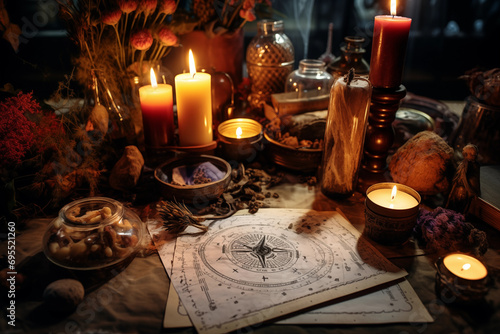 Magical ritual setups with candles and symbols, leaving space for ritual details