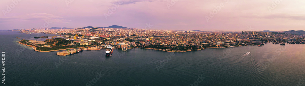 Tuzla, Istanbul, Türkiye; Tuzla district of Istanbul. Aerial view of shipyards in the Sea of Marmara. This shipyard district was founded in the 1960s and is home to around 40 shipbuilding companies.