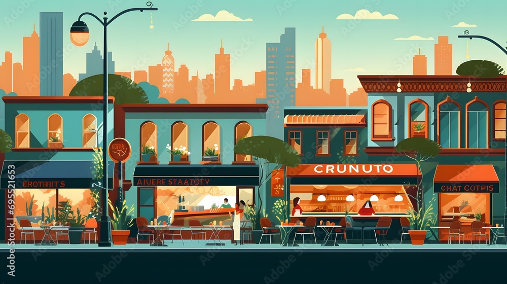 City street with cafes and restaurants. Vector illustration in flat style.