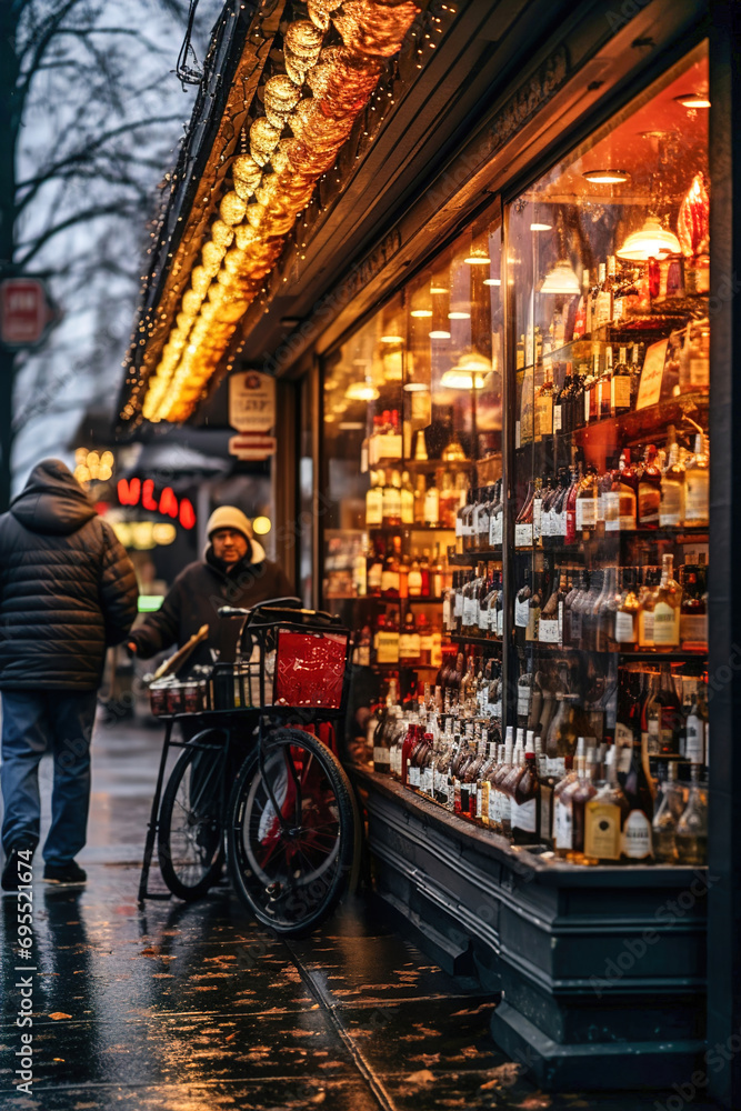 Naklejka premium People standing in front of alcohol store on the street. Shelves with bottles on showcases.