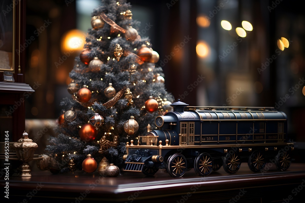 Toy train with Christmas tree in the background. 3d illustration.