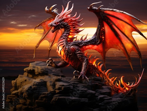 dragon on the rock at sunset. 3d render. 3d illustration