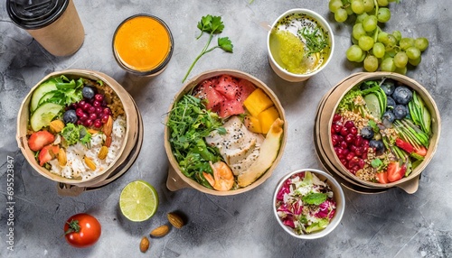 healthy take away food and drinks in disposable eco friendly paper containers on gray background top view fresh salad soup poke bowl buddha bowl fruits coffee and juice generative ai photo