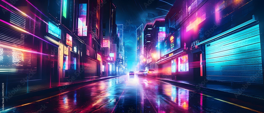Futuristic city at night with neon lights. Concept of hi-tech city.