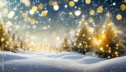 christmas background snow landscape with sparkling lights