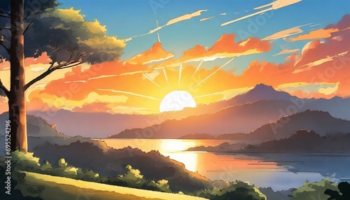 a sunset illustration in an anime cartoon artwork ai generated image