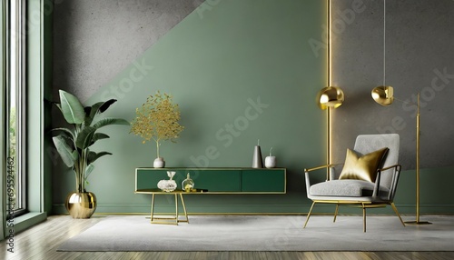 grey green living room lounge area chair with an accent gold table and decor empty painted wall blank as background modern interior design room home or hotel 3d rendering photo