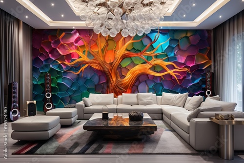 Modern luxury living room featuring a 3D intricate colorful tree pattern on the wall and a high-tech sound system. photo