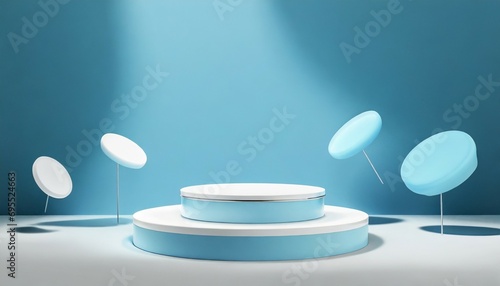 light blue and white podium floating in the air minimal abstract background showing fashion exhibition business promotion advertising 3d rendering