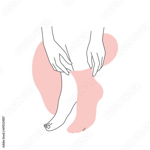 Putting the mask on feet. Socks mask for foot, exfoliant feet treatment line vector illustration