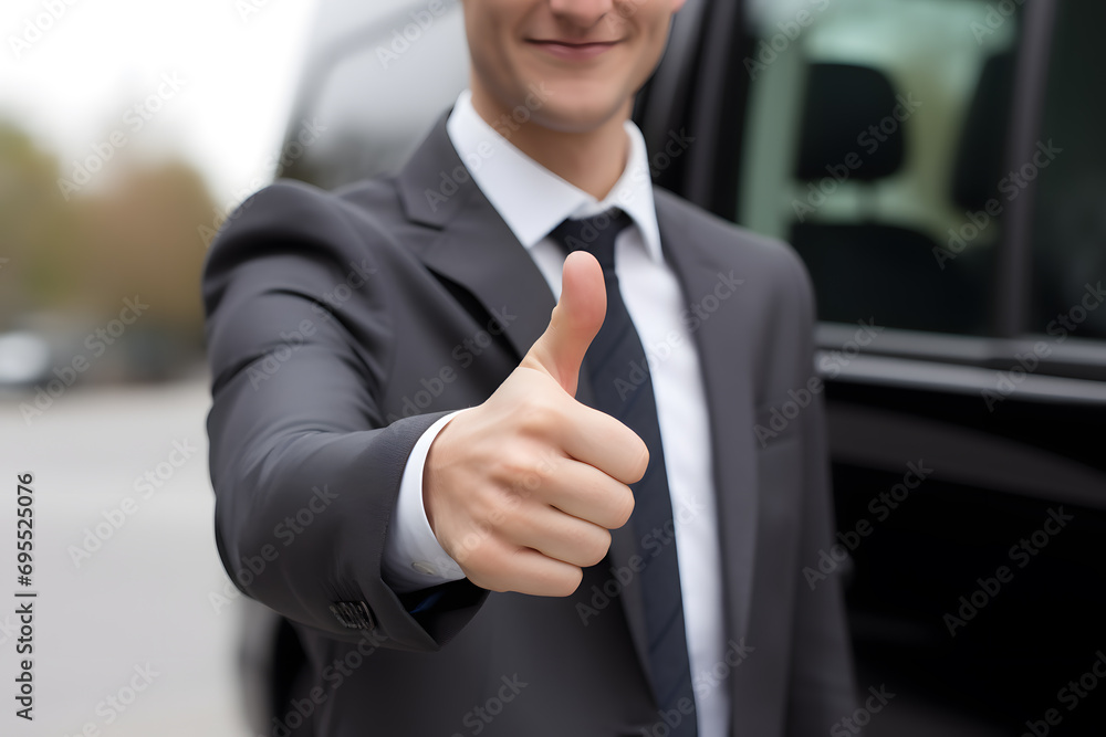 Salesman Stands Proudly by His Display Vehicle Salesman Stands Proudly by His Display Vehicle