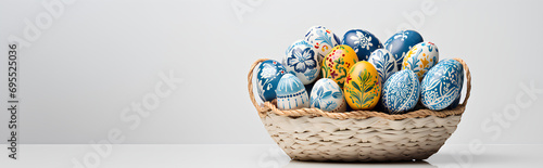 Painted easter eggs closeup inside a basket with copy space on a white background photo