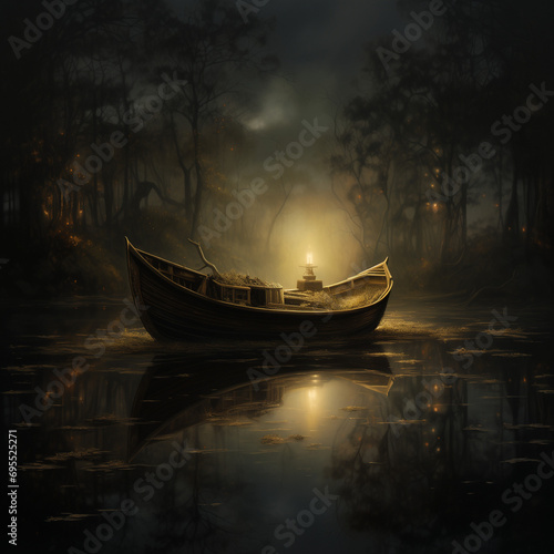 Dutch Golden Age Inspired Enchanted Boat Illustration in Oil Painting Style