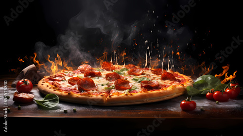 Fresh pizza pepperoni margarita out of the oven with ingredients and spices hot ready to serve and eat food commercial advertisement menu banner with copy space area - Generated by Generative AI photo
