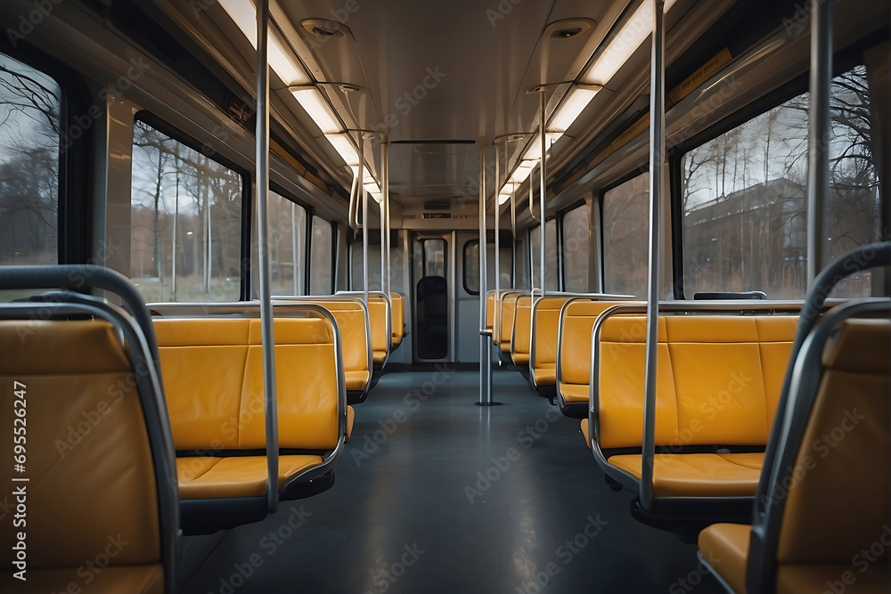 Interior of a public transport bus with empty seats blurred background