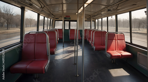 Interior of a public transport bus with empty seats blurred background