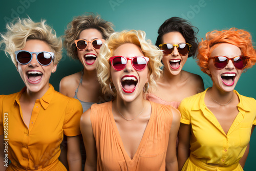 group of people with glasses. Photo of group of glad cheerful excited funky people person youngsters having bright facial expressions isolated over multicolored background