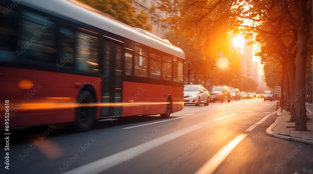 Public transport bus on the city street at sunset. Blurred motion. Travel concept